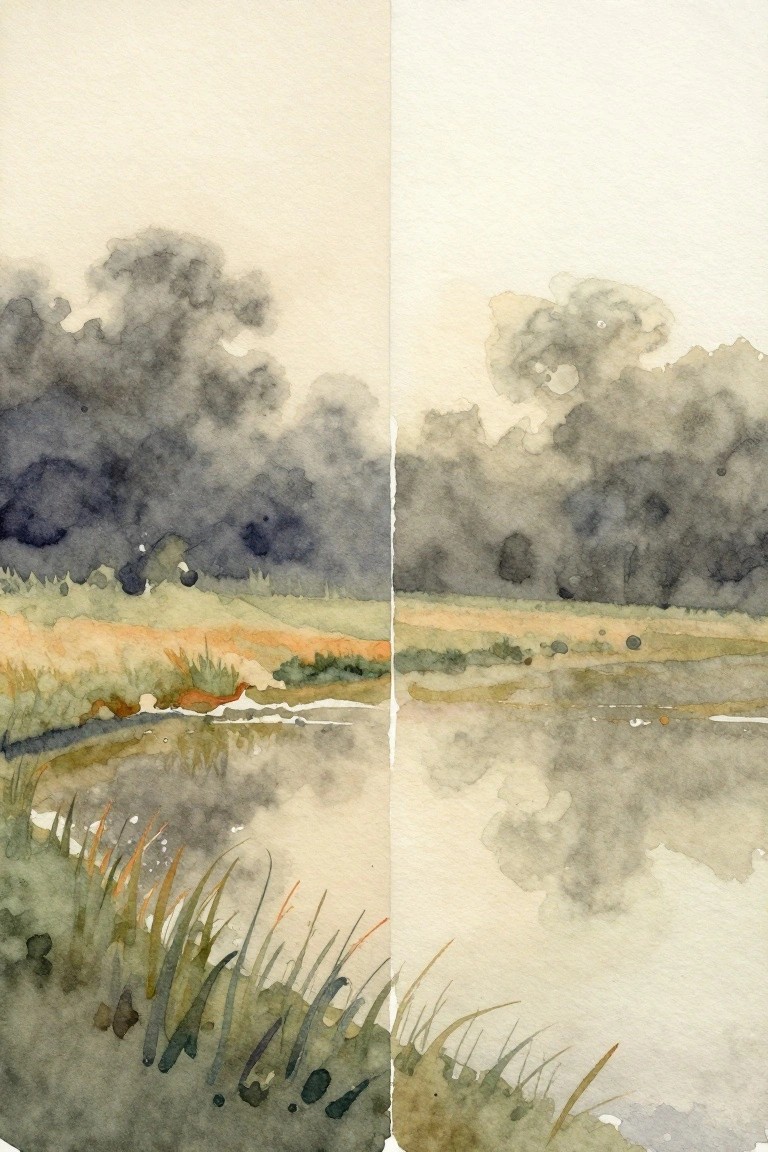 A watercolor painting split vertically into two panels showing a muted landscape with clouds, a low horizon, and grass in the foreground.