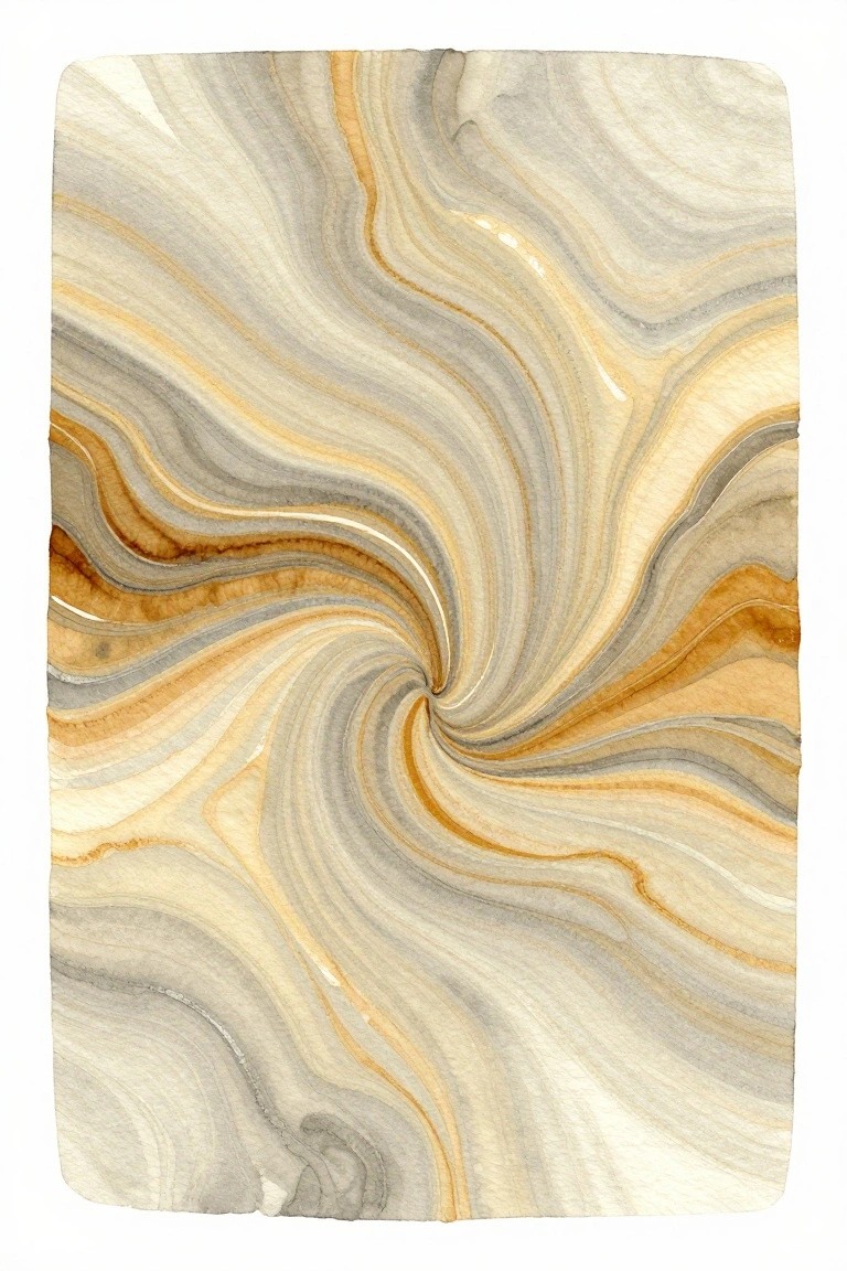 Abstract watercolor painting with swirling neutral bands of beige, gray, and brown forming a central vortex.