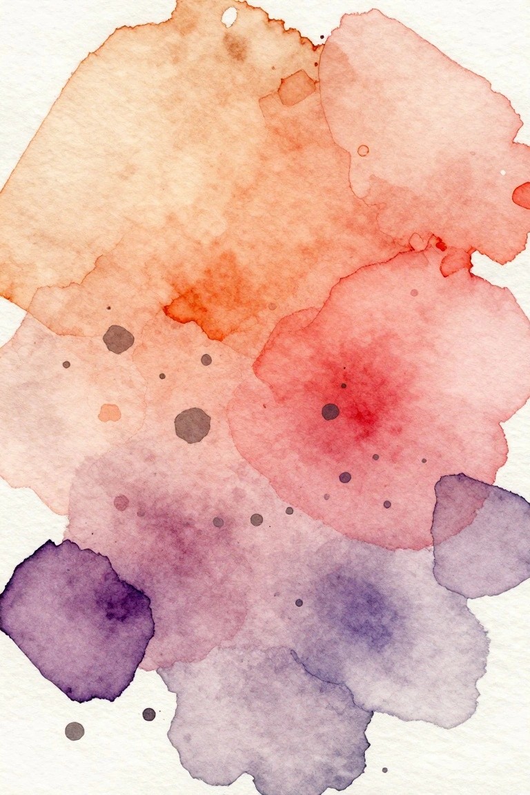 Abstract watercolor with soft orange, red, pink, and purple overlapping shapes and speckles.