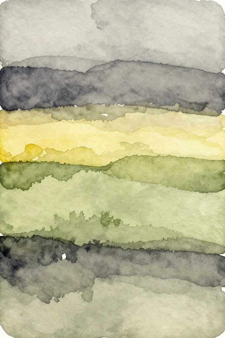 Watercolor painting with horizontal layers of gray, yellow, and green washes.