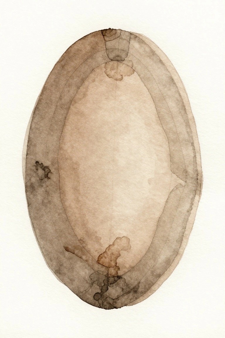 Abstract watercolor oval in earthy brown tones with concentric lines and dark blotches.