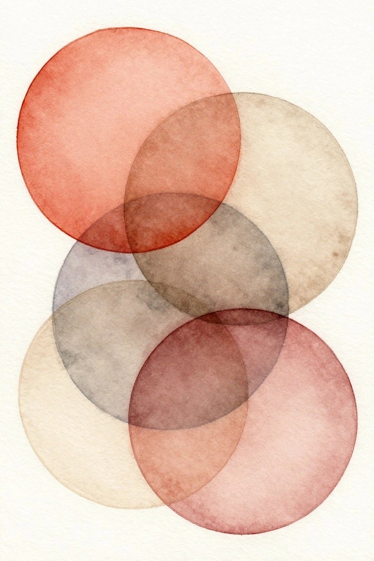Overlapping translucent circles in red, pink, and beige watercolor washes