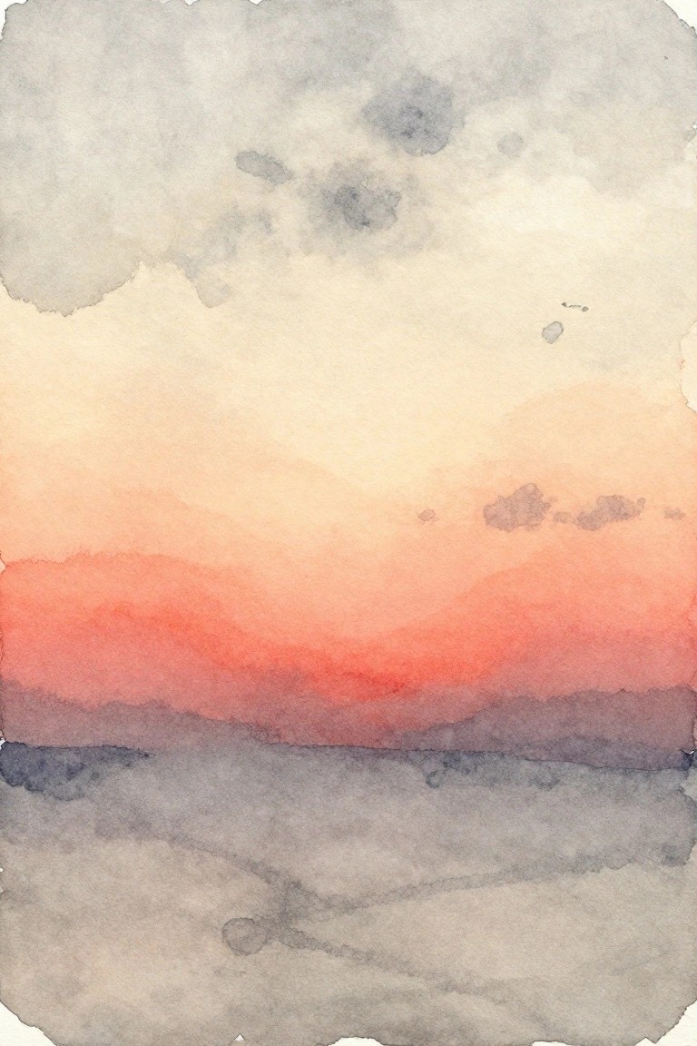 Watercolor sunset with vibrant red-orange sky over dark misty hills and water.