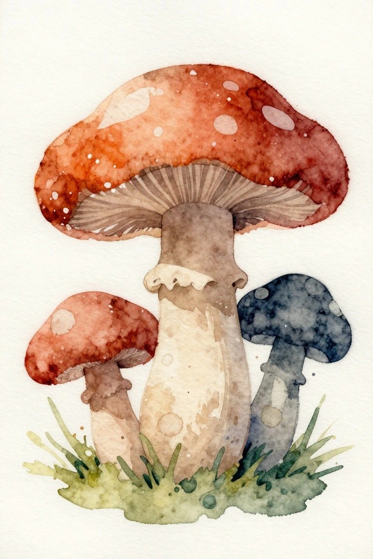 Watercolor of three spotted mushrooms with red and blue caps on grass