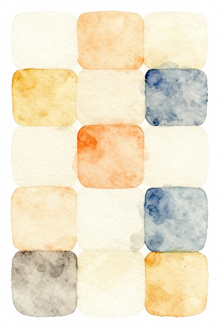 Abstract watercolor arrangement of rounded squares in soft earth and pastel tones.