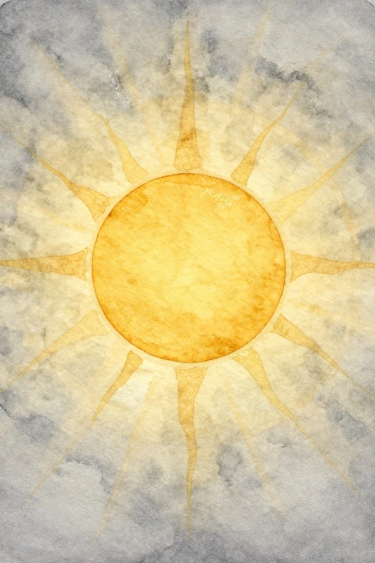 Bright yellow sun with spiky rays on textured gray watercolor background.