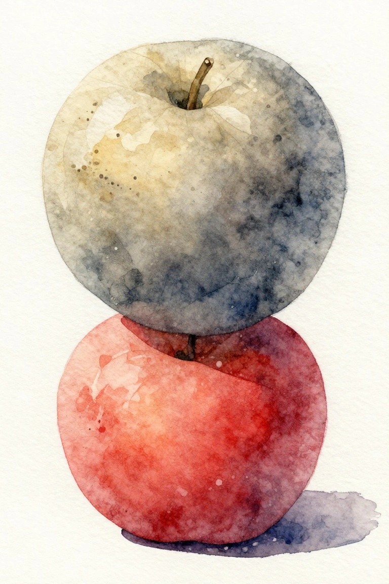 Watercolor painting of stacked red and blue-gray apples with soft splatters.