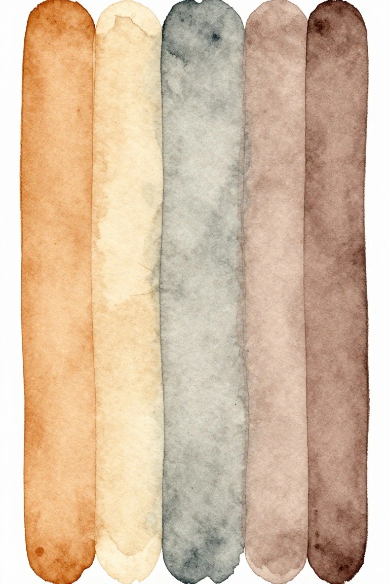 Five vertical watercolor swatches in earthy brown, beige, and gray tones