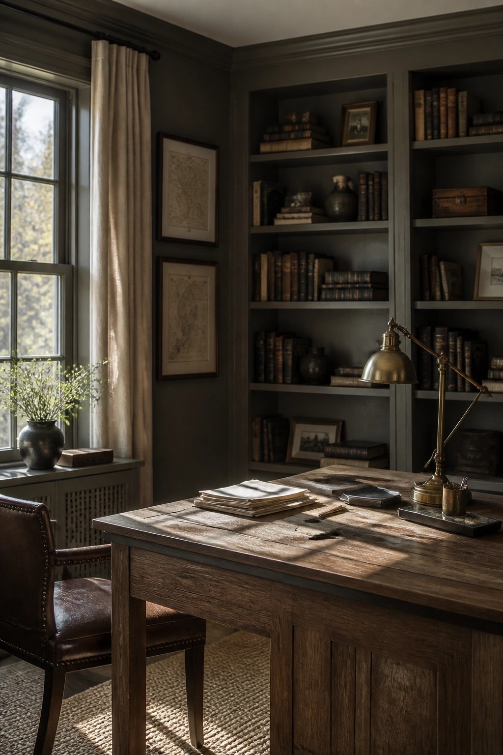 Dark charcoal gray walls in a home office with wooden desk and built-in bookshelves.