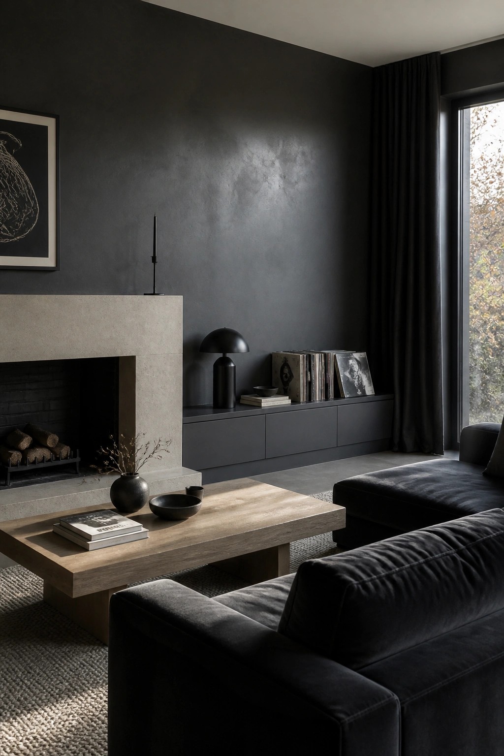Dark charcoal walls in a living room with a concrete fireplace and wood coffee table.