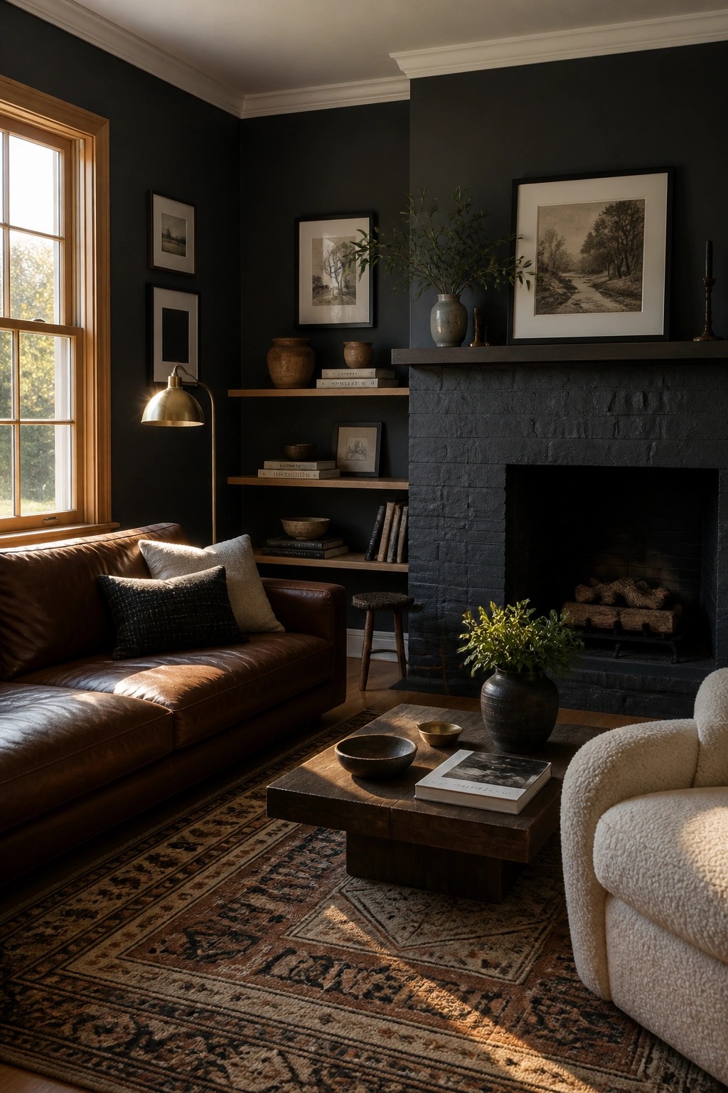 Living room walls painted in a deep charcoal gray.