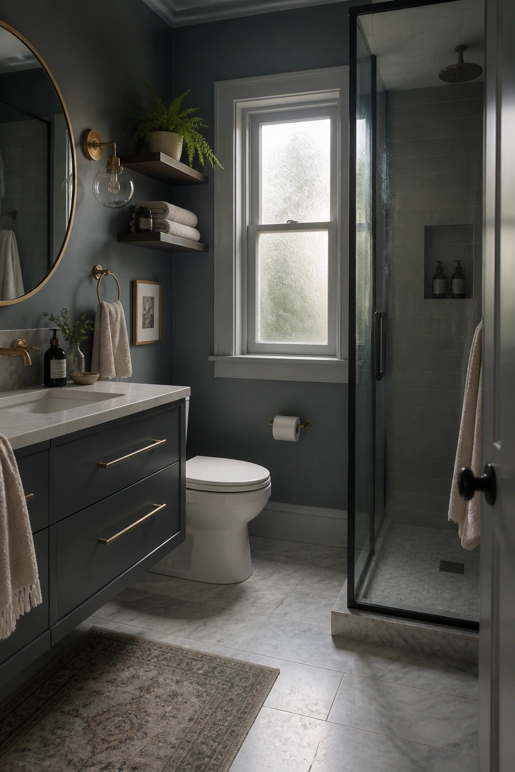 A bathroom with deep gray walls, white trim, and marble surfaces.