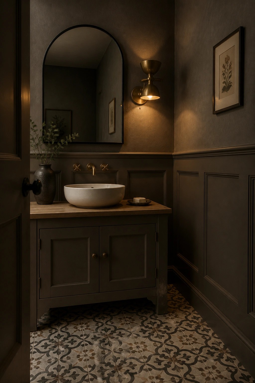 A bathroom with dark warm gray walls and wood vanity.