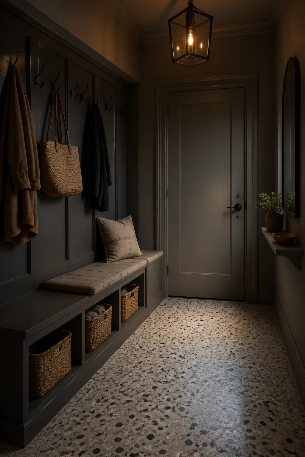Dark charcoal walls cover a built-in bench area in a narrow home entryway.