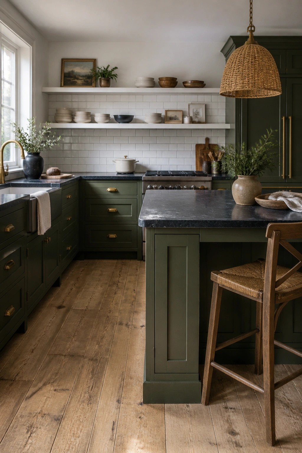 Farmhouse kitchen with dark green cabinets, marble island, wooden stool, and woven pendant light