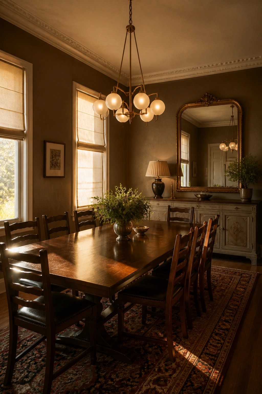 Dark olive walls in a traditional dining room with a long wood table.