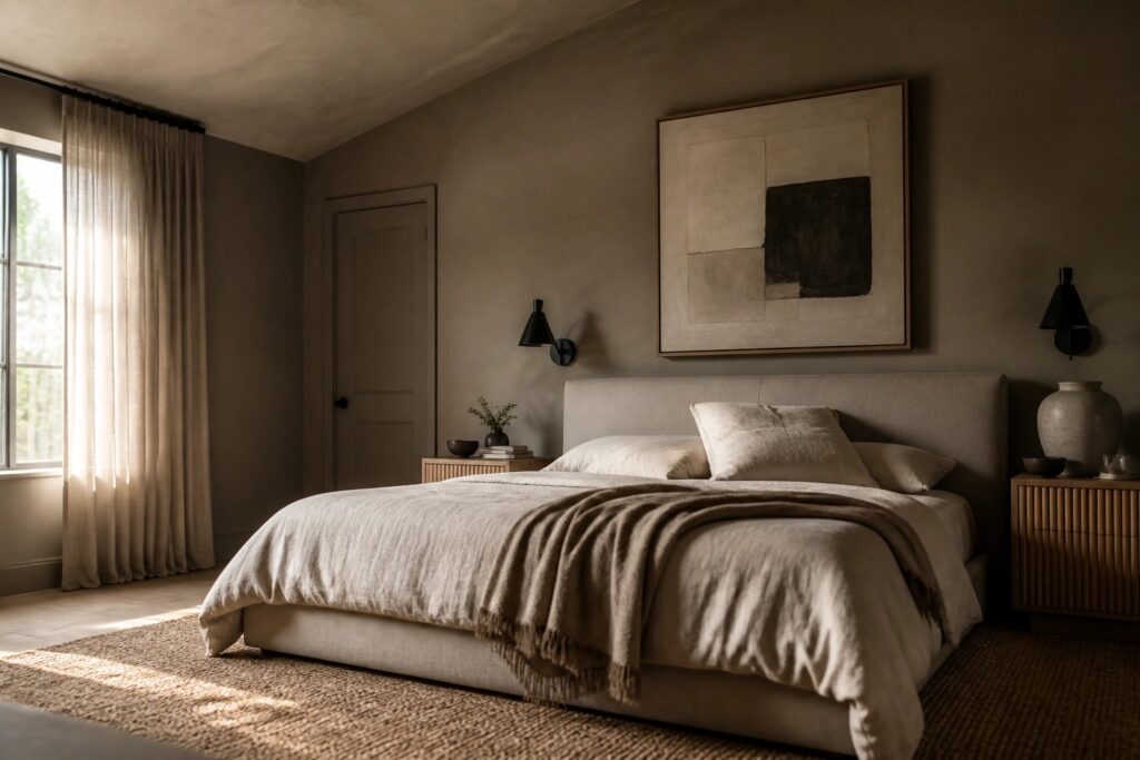 19 Moody Neutral Paint Colors for Dramatic Rooms That Still Feel Timeless Bedroom with soft greige walls and a large upholstered bed.