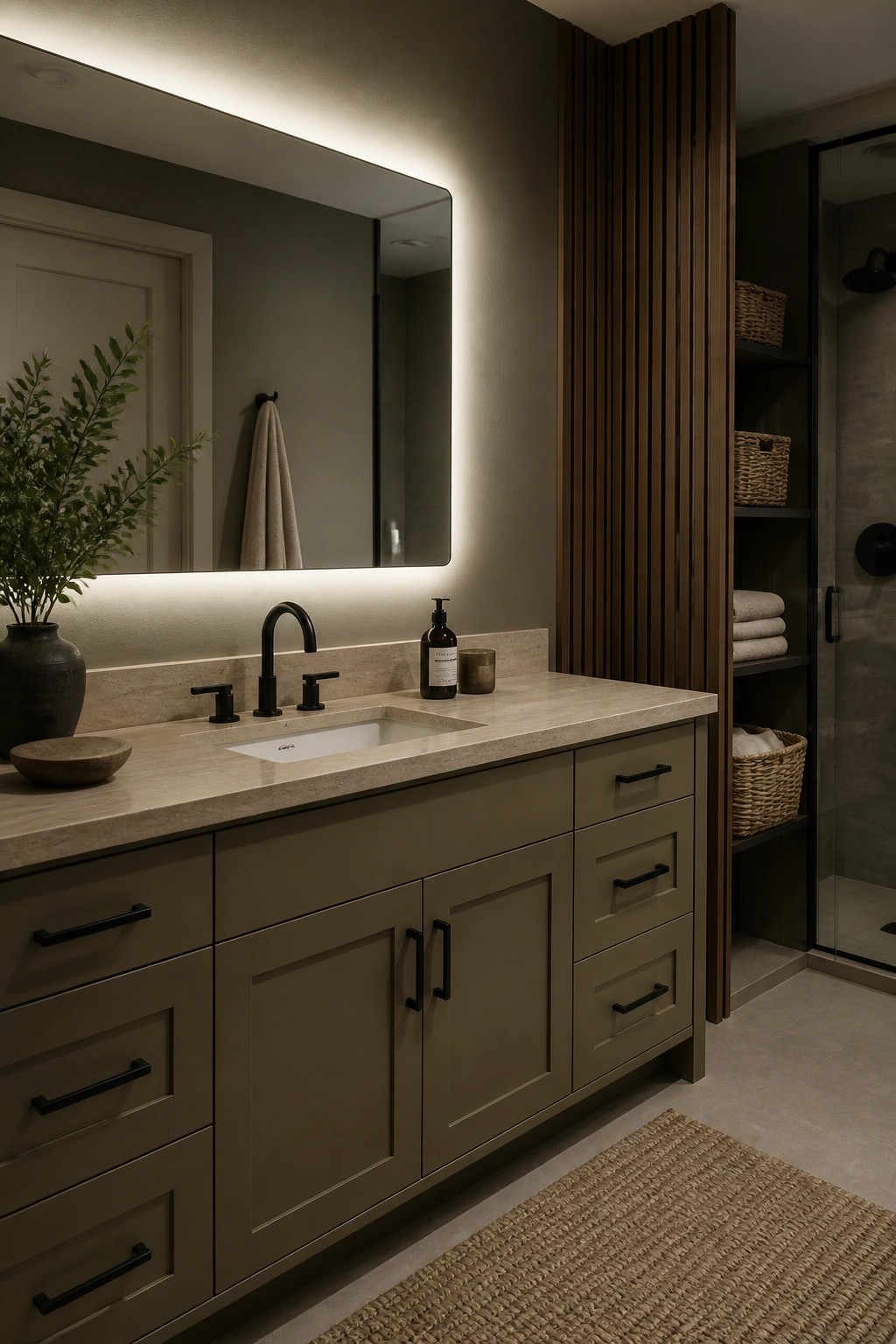 Bathroom vanity cabinets finished in a muted olive gray paint color.