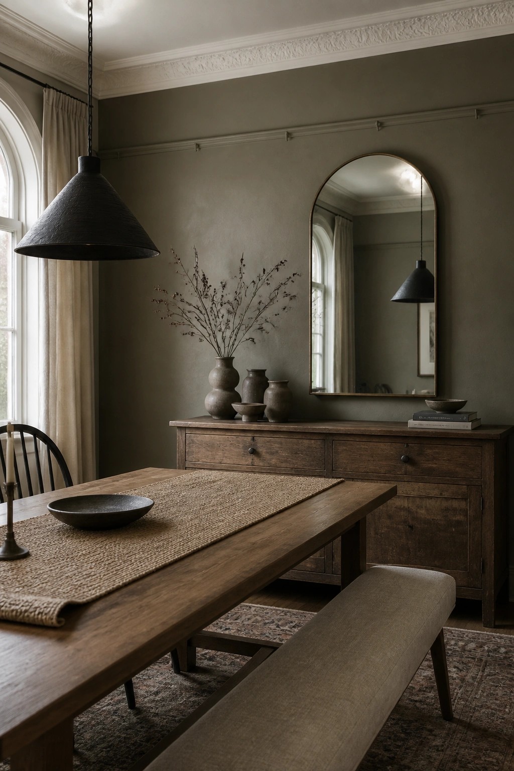 Dining room walls painted in a muted sage gray with wood furniture and natural textiles.