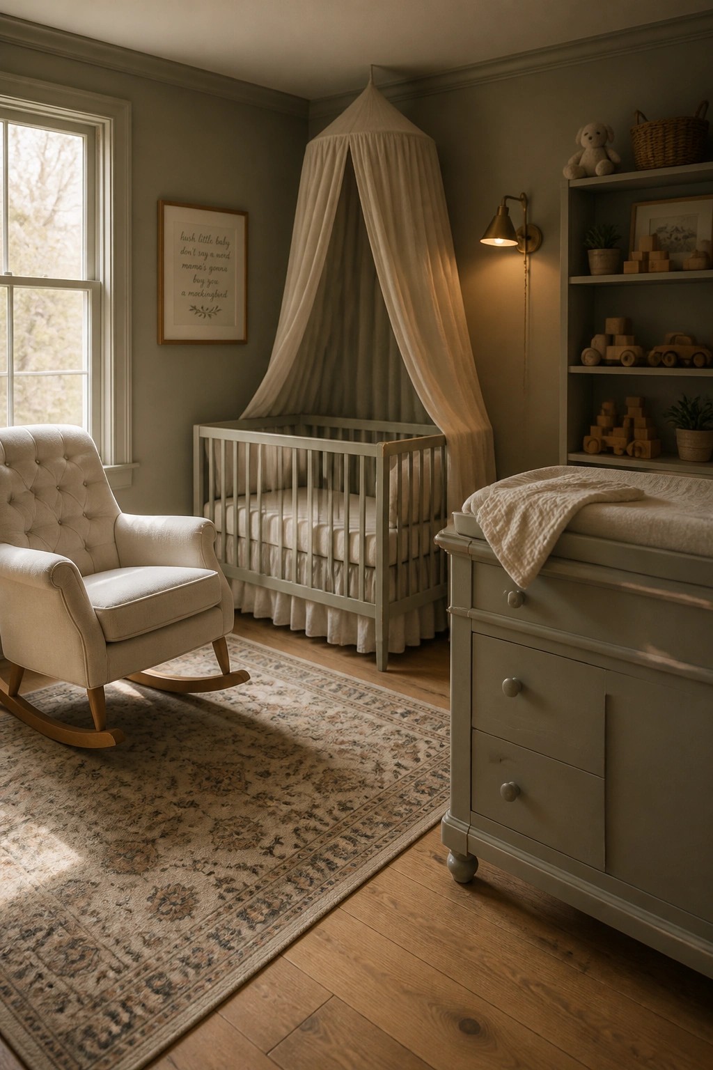 A nursery with muted sage green walls and a white crib.
