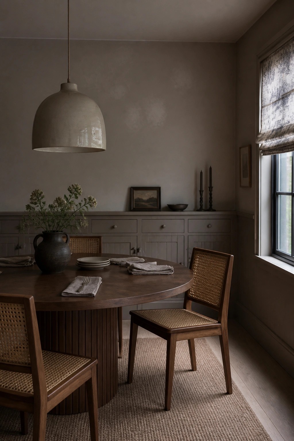 Dining room with soft greige walls and a round wooden table.