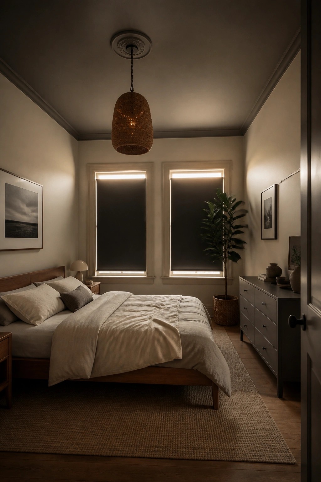 Light greige walls in a bedroom with wood furniture and two windows.
