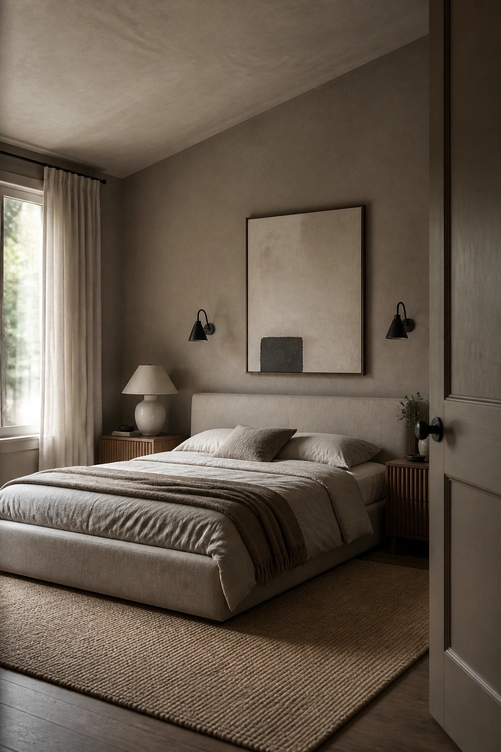 Bedroom with soft greige walls and a large upholstered bed.