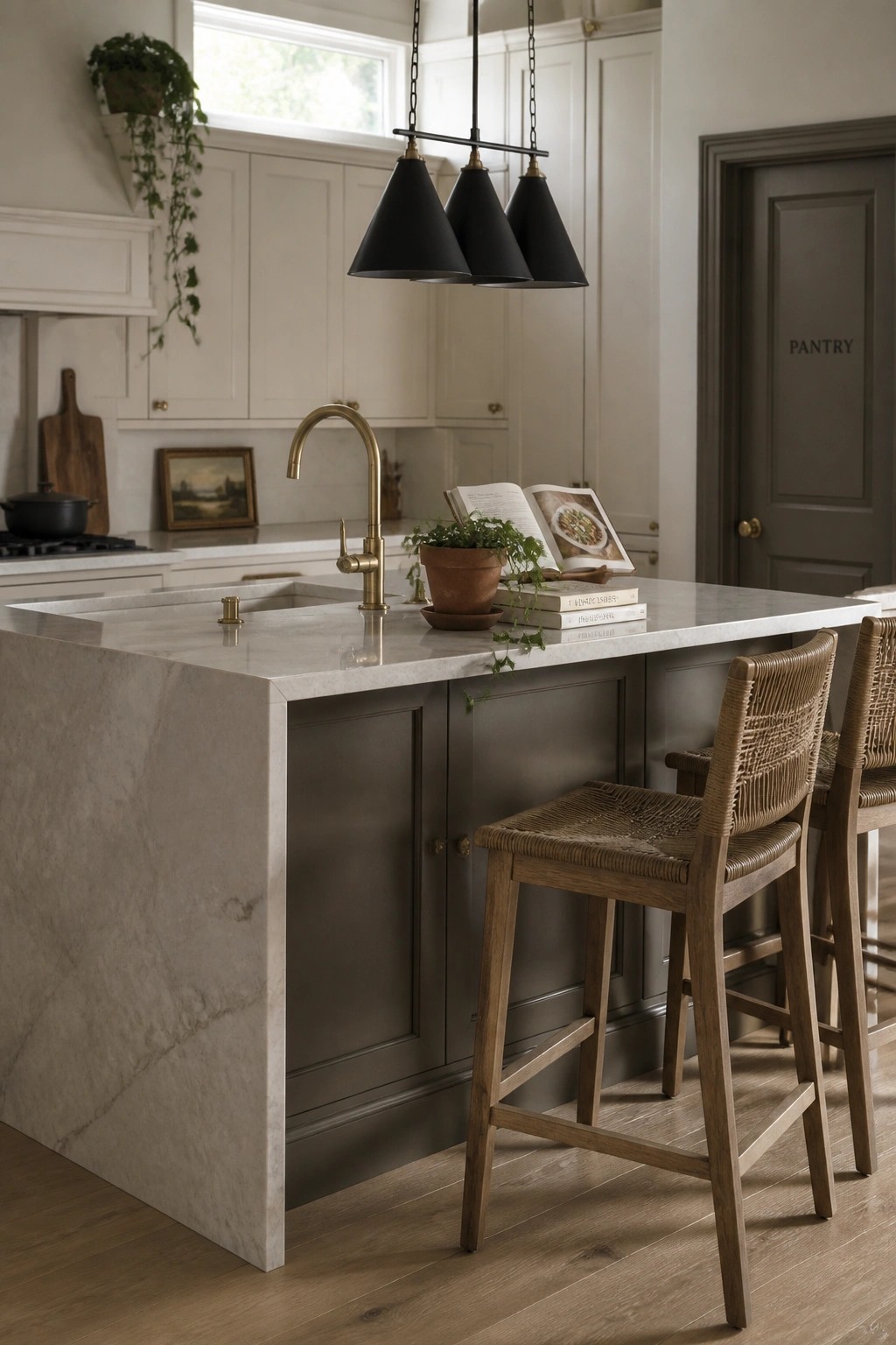 Dark warm gray cabinets on a kitchen island with marble countertops.