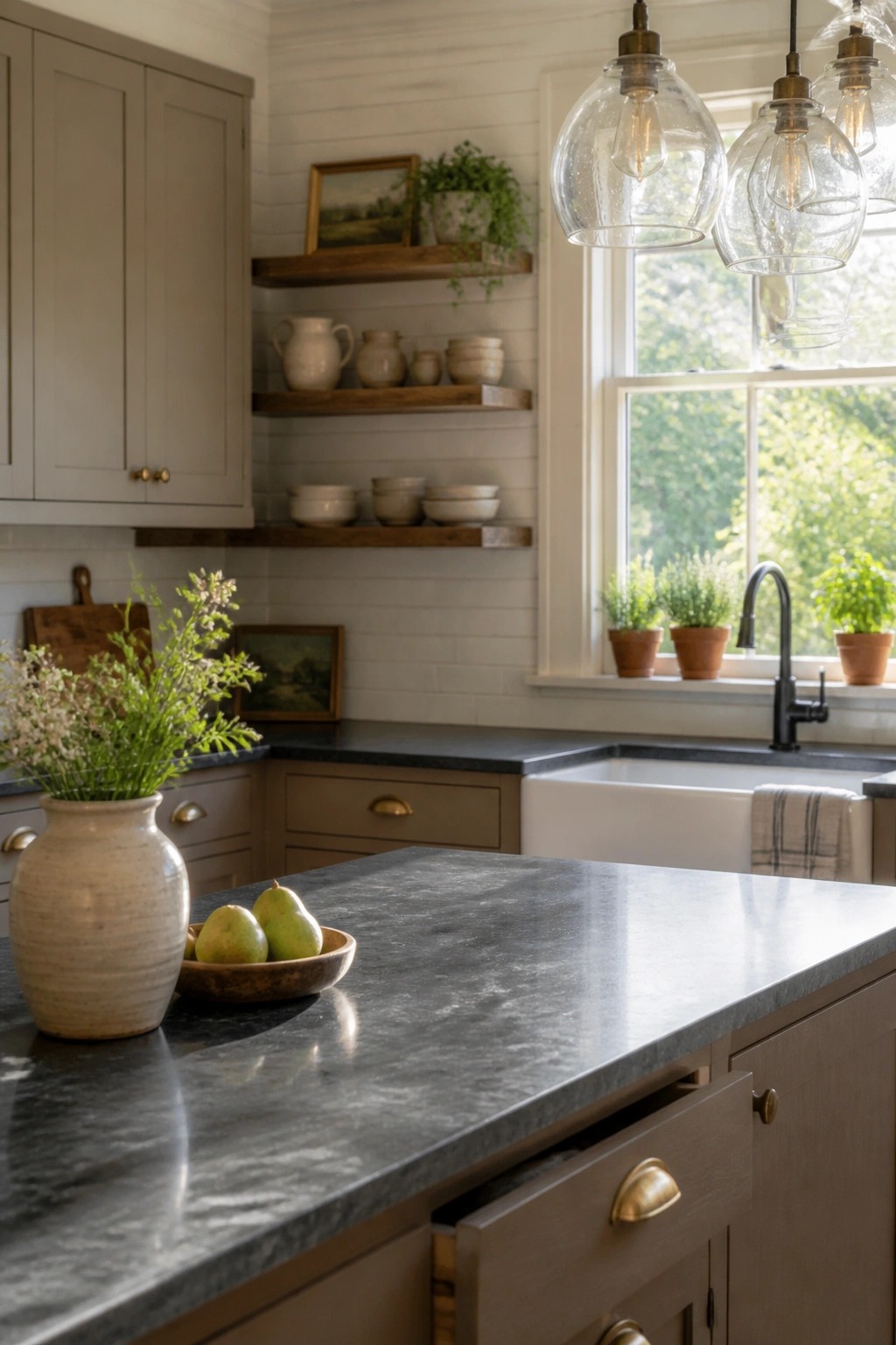 Kitchen with warm greige cabinets and dark stone counters.