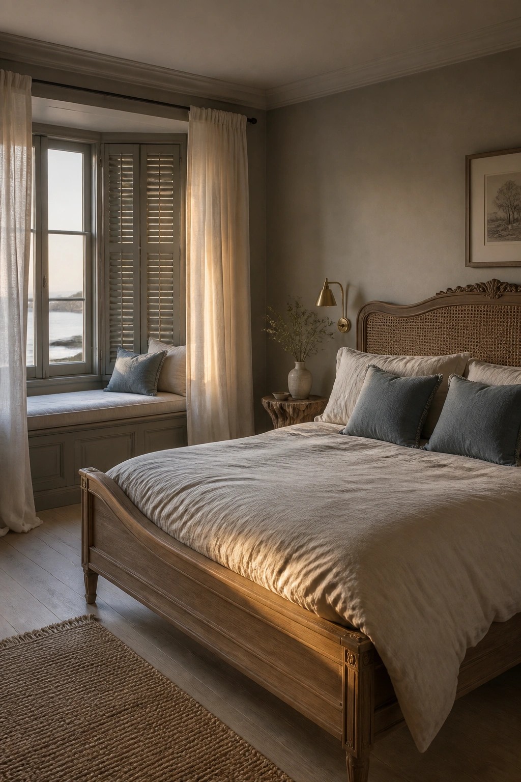 A bedroom with warm greige walls and wood furniture.