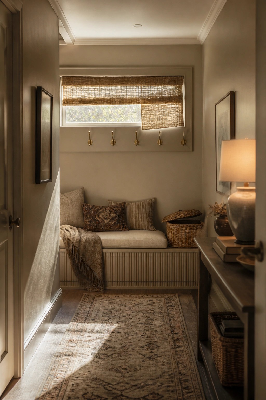 A hallway with warm greige walls and a built-in bench beneath a window.
