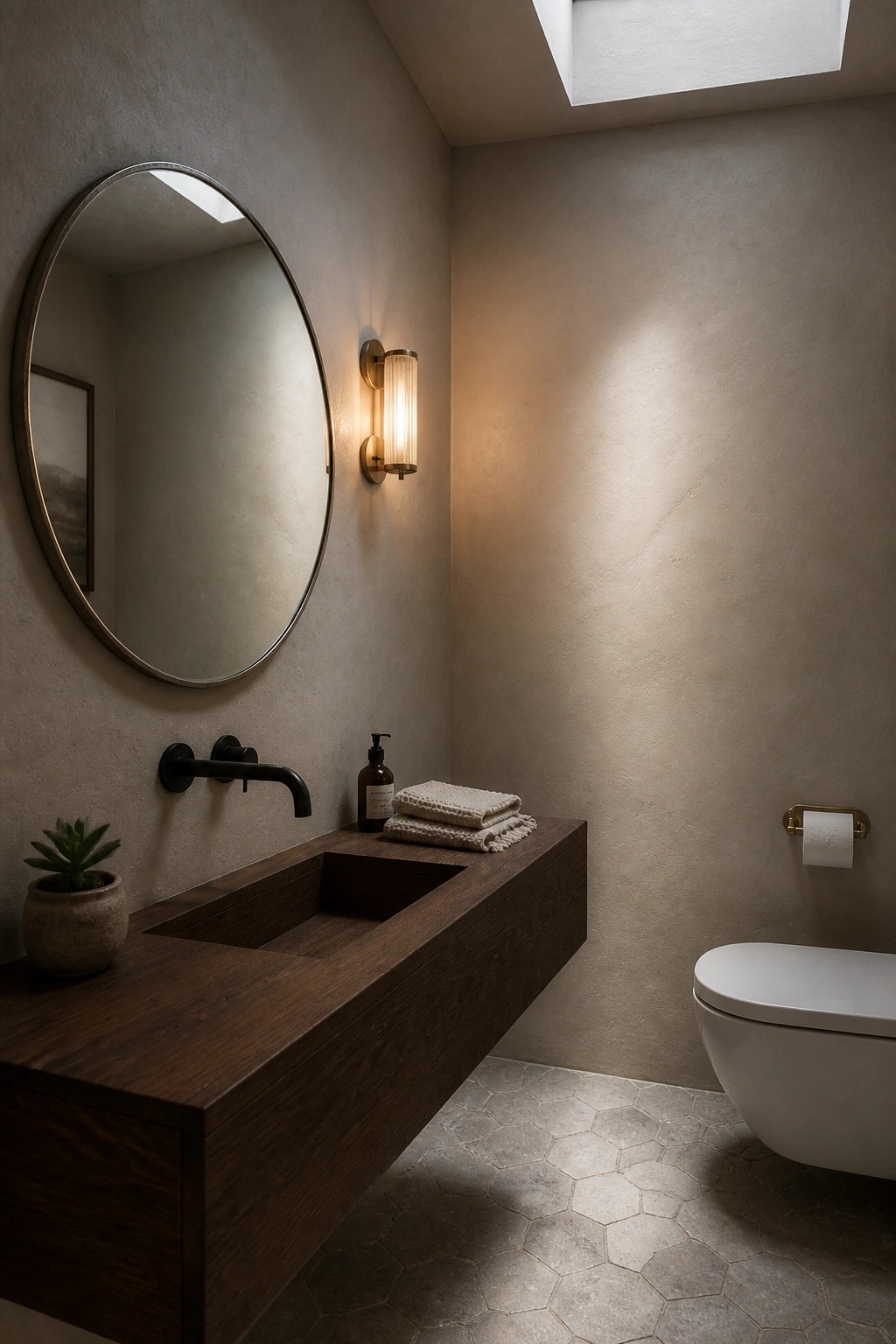 Warm taupe walls in a modern bathroom with a floating wood vanity.