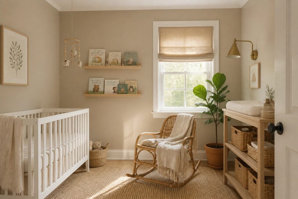 Nursery walls painted in a soft warm beige with white trim and wood accents.