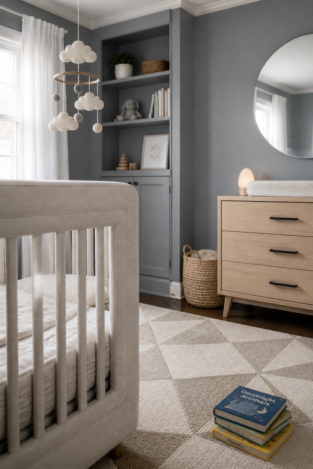 A nursery with soft blue gray walls and built-in cabinetry.