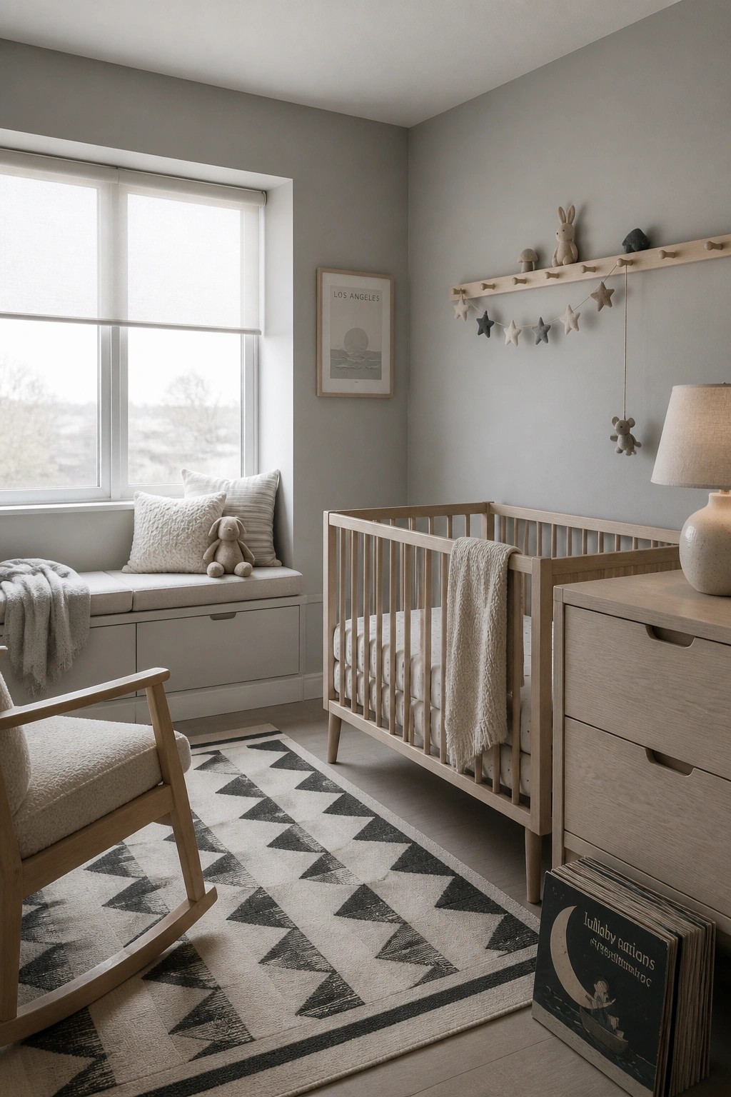 Light gray walls in a simple neutral nursery with wooden furniture.