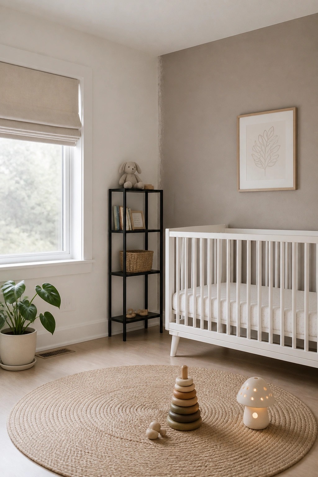 Minimalist nursery with white crib, black shelves, round rug, and wooden toys