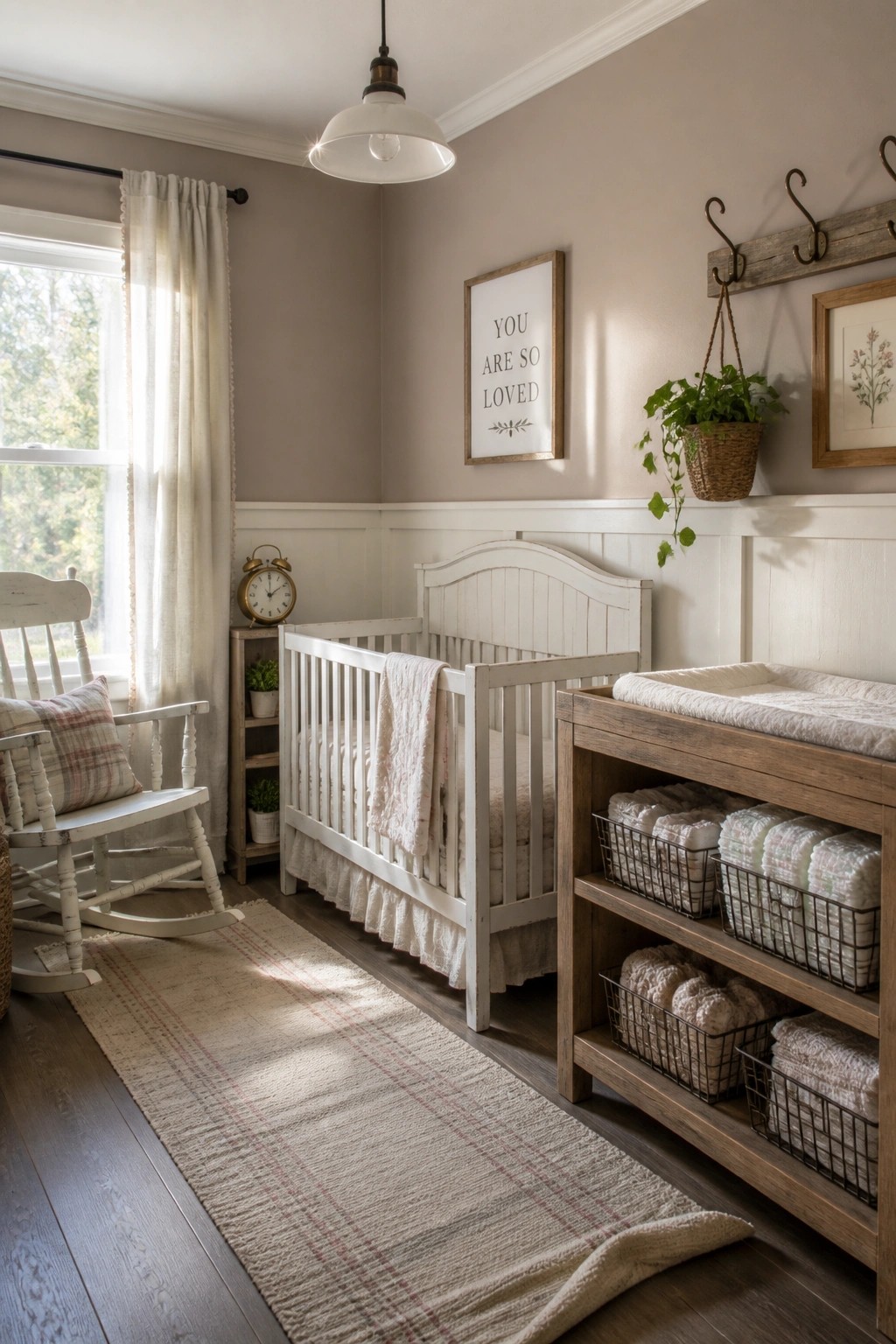 Nursery walls painted in a soft neutral greige with white wainscoting.