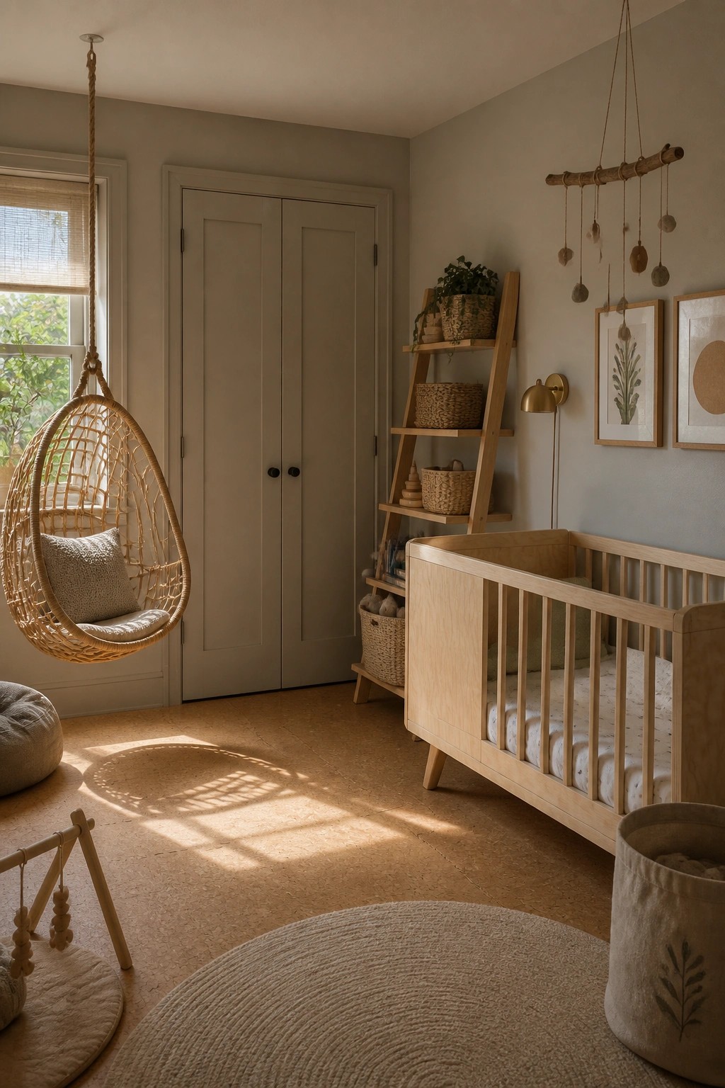 Nursery walls painted in a soft warm greige with a wooden crib nearby.