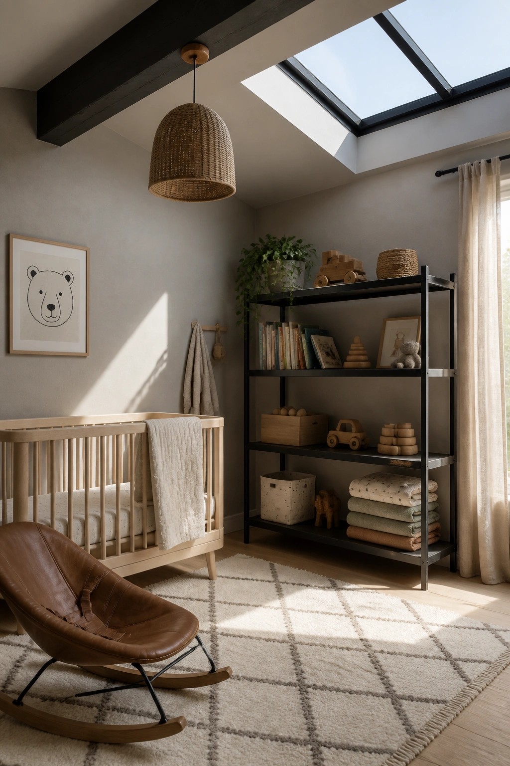 Light greige walls in a bright nursery with a wooden crib and black shelves.