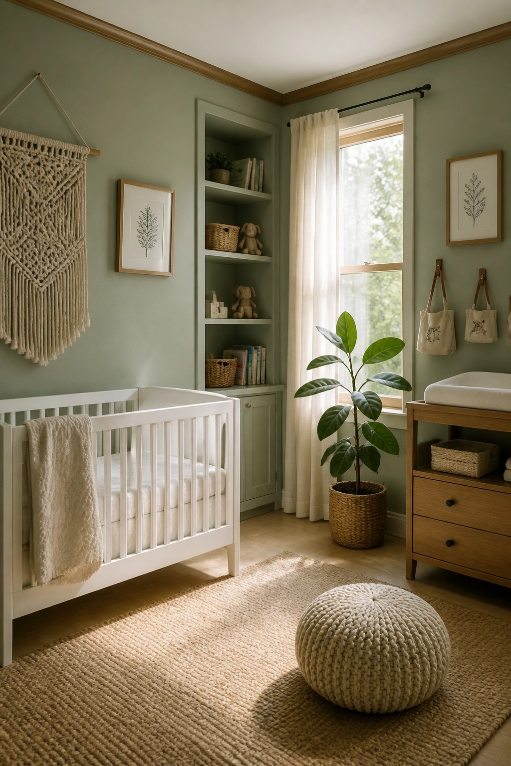 Nursery walls painted in a soft sage green with white built-in shelves and trim.