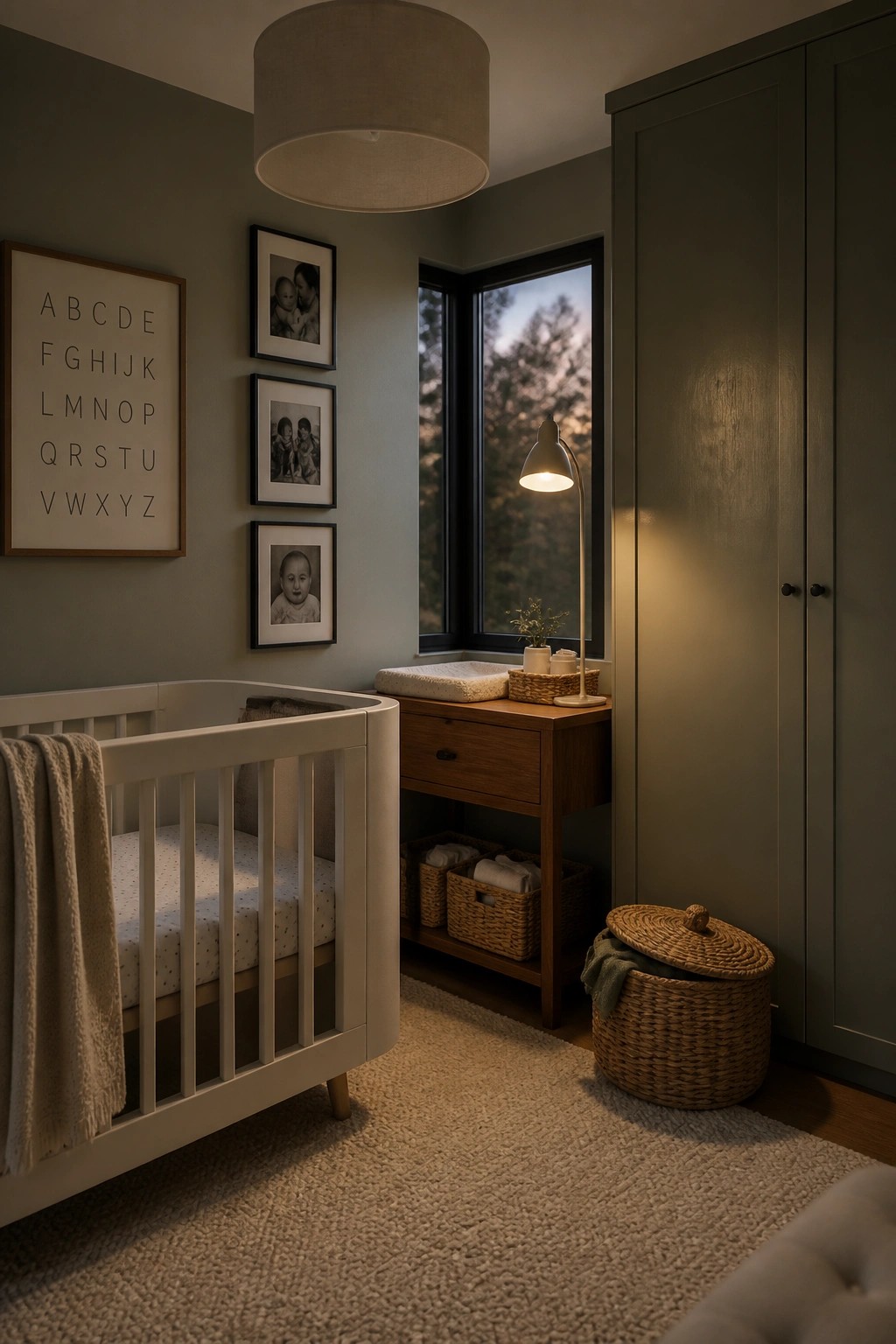 A nursery with soft sage green walls and white crib.
