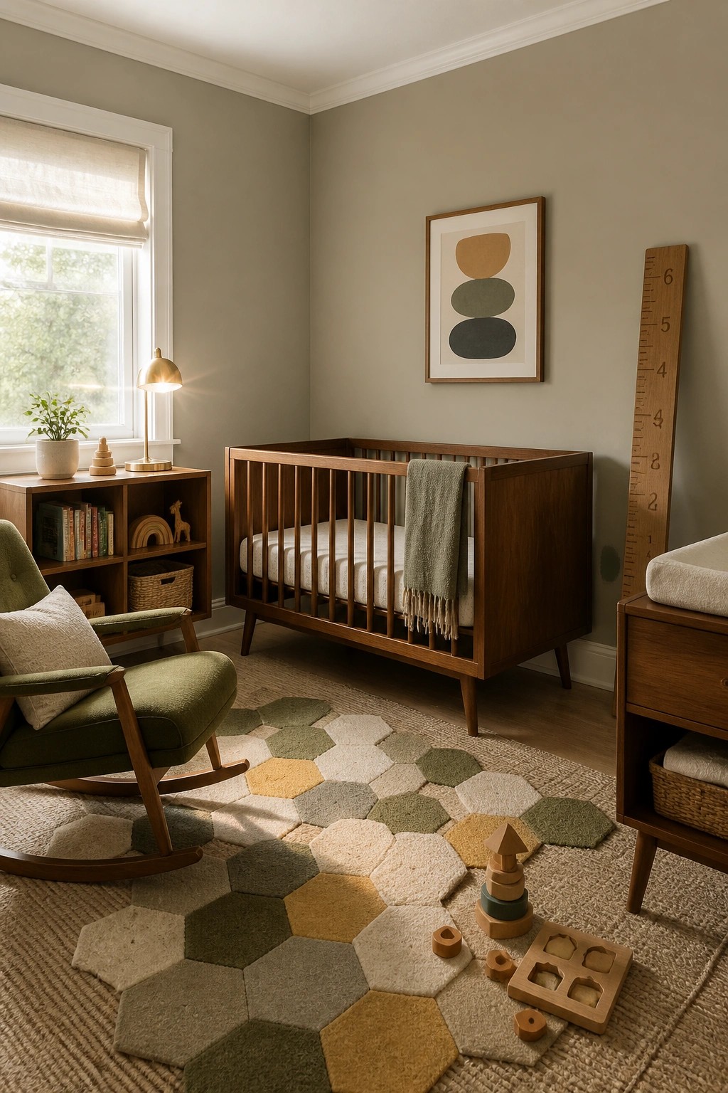 A nursery with soft sage green walls and a wooden crib.