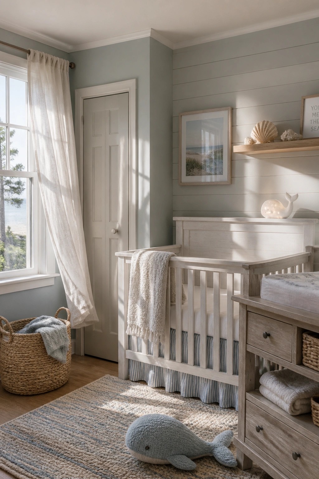 A nursery with soft sage green walls and a white crib.