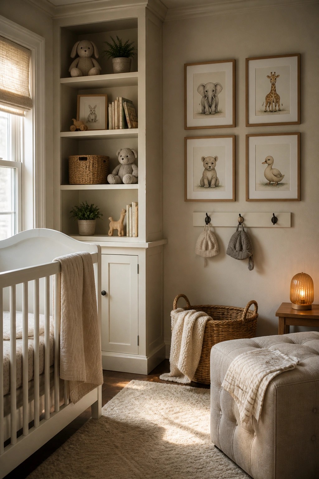A nursery with soft warm greige walls and white built-in shelving.