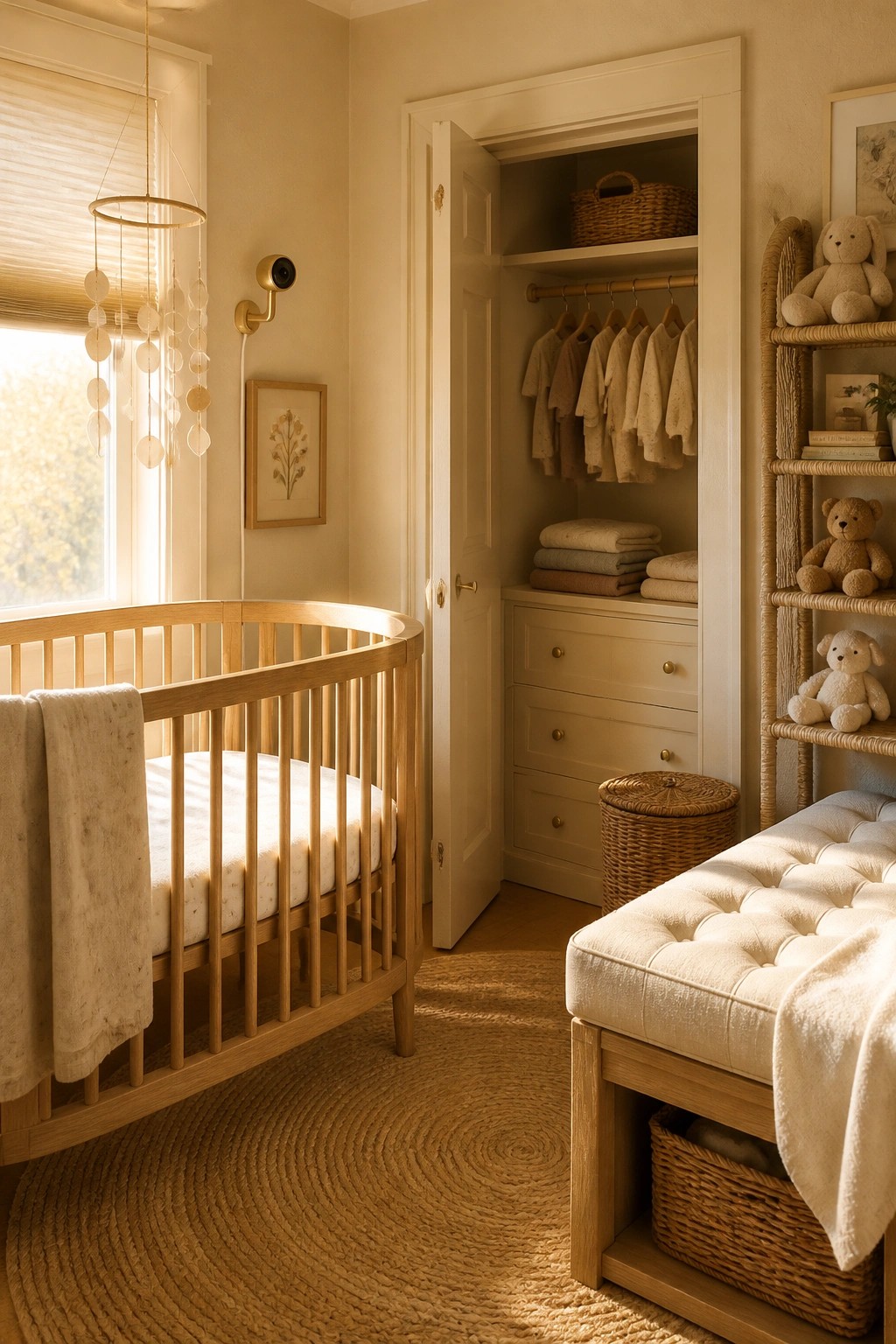 A nursery with warm beige walls, a wooden crib, and natural light.