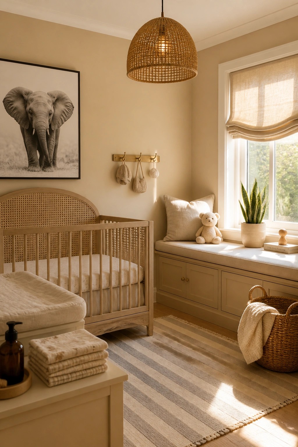 A nursery with warm beige walls and light wood furniture.