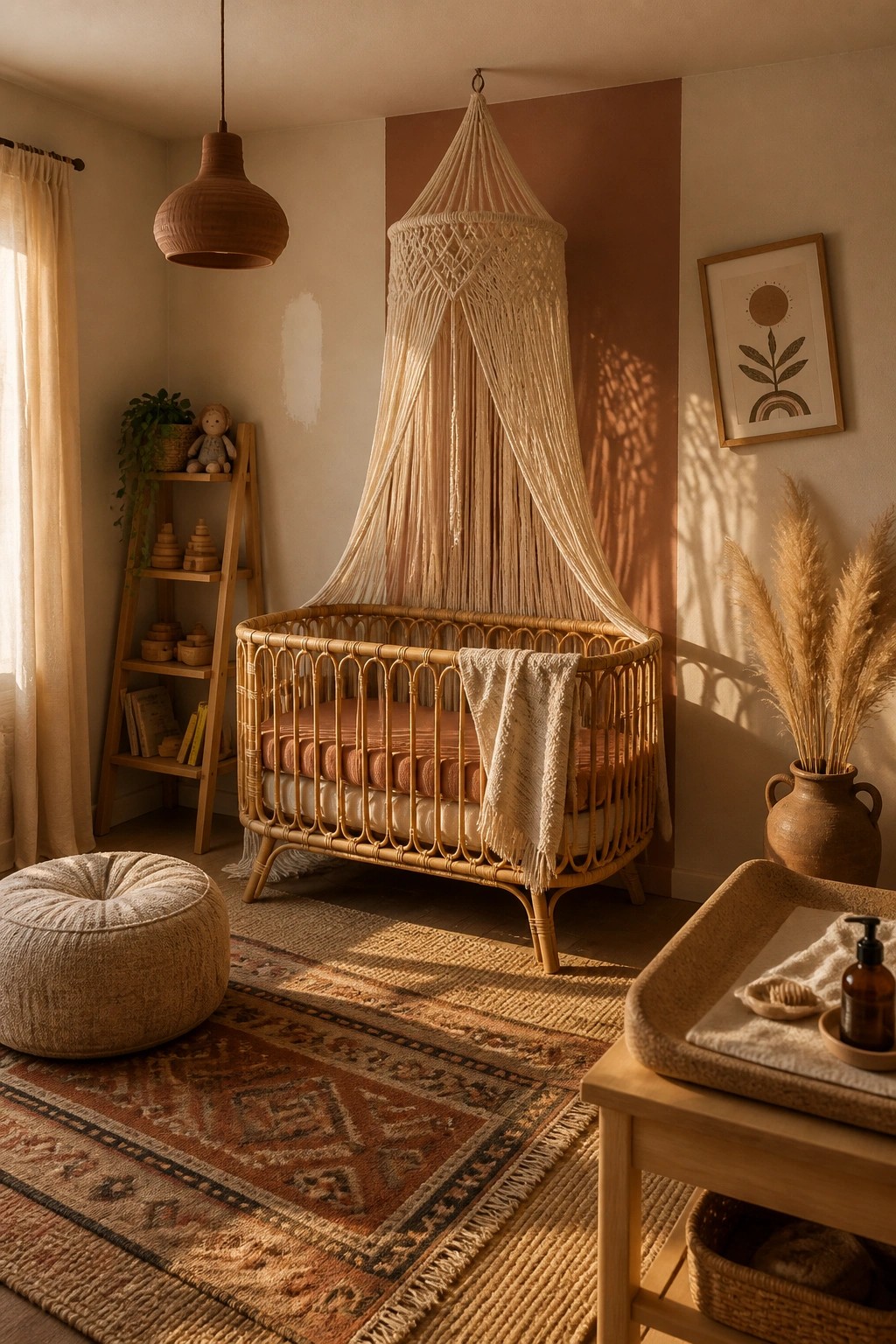 Cozy bohemian nursery with rattan crib, macrame canopy, and woven pouf on rug