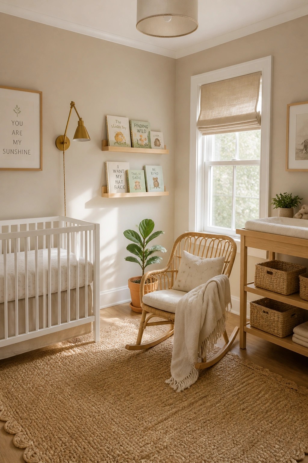 Nursery walls painted in a soft warm beige with white trim and wood accents.