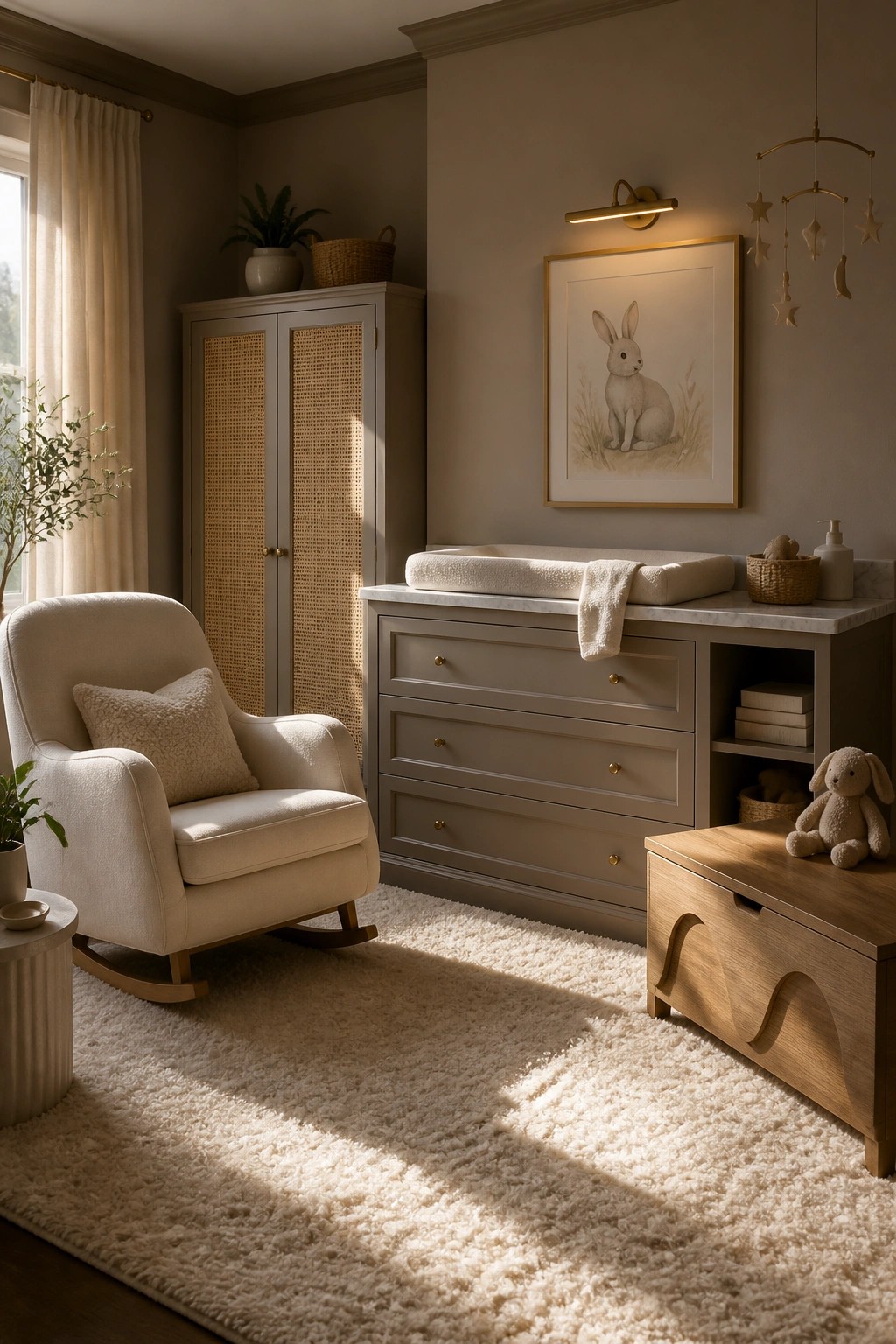 A nursery room with warm greige walls and simple neutral furniture.