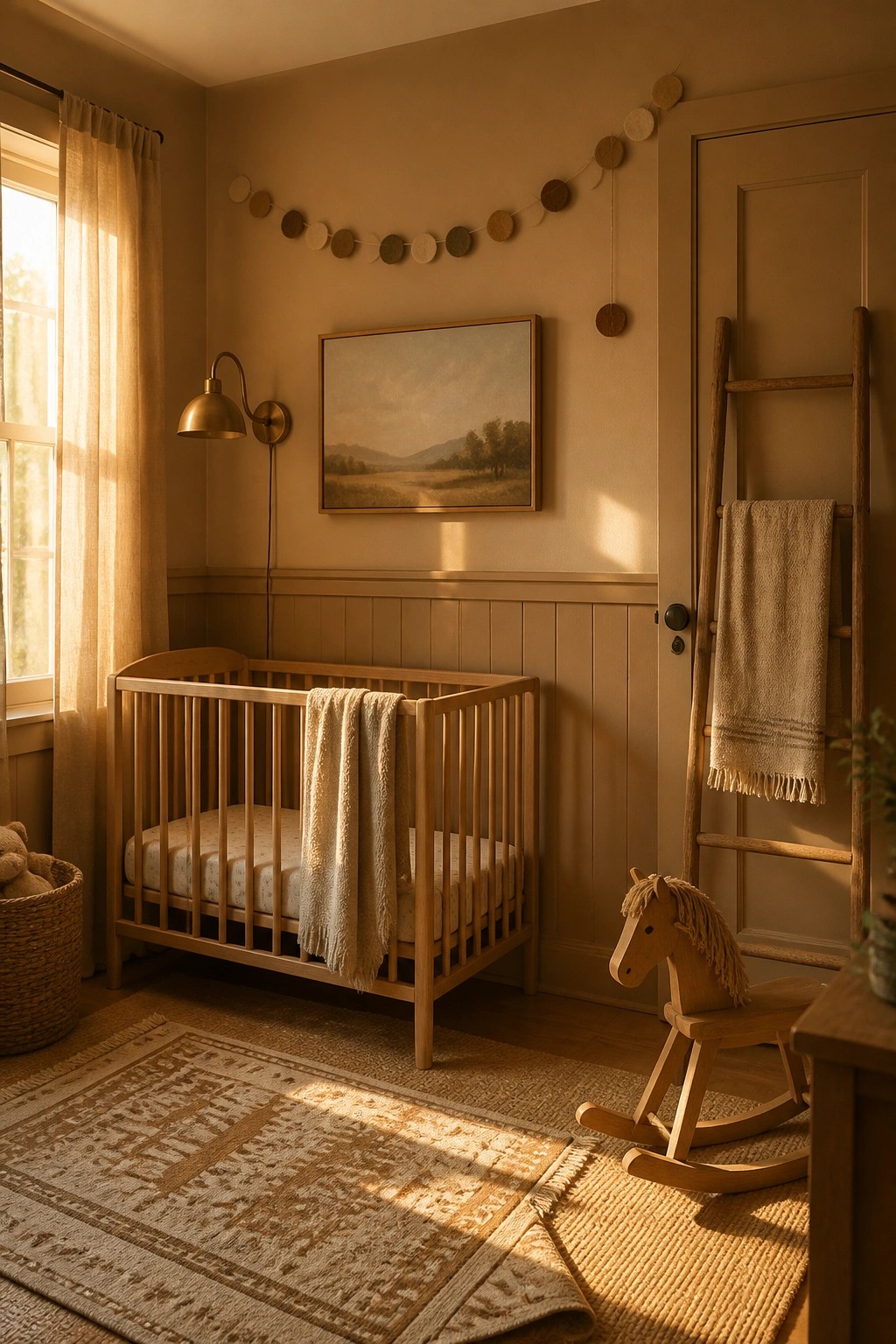 Nursery with warm greige walls and a wooden crib.